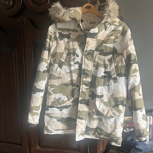 abercrombie kids Green and White Camo Hooded Parka with Faux Fur Trim